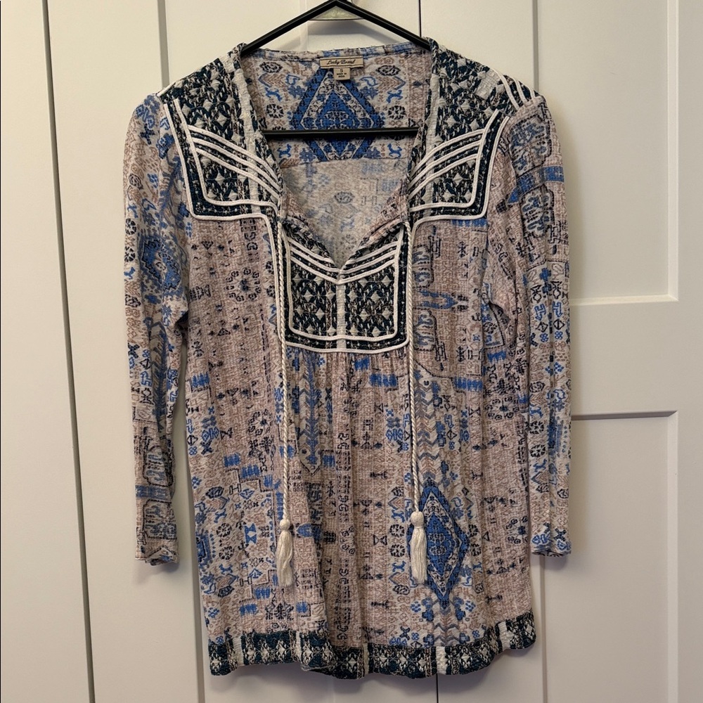 Lucky Brand Blue & Cream Boho Embroidered Tunic